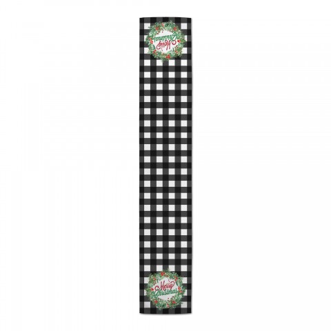 Merry Christmas Wreath Black Buffalo Check Runner