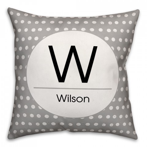 Monogram Family Name Gray Polka Dot 18x18 Personalized Spun Poly Pillow