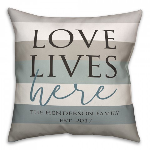 Love Lives Here Striped Family Name 18x18 Personalized Spun Poly Pillow