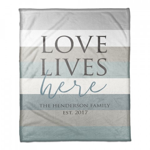 Love Lives Here Striped Family Name 50x60 Personalized Coral Fleece Blanket