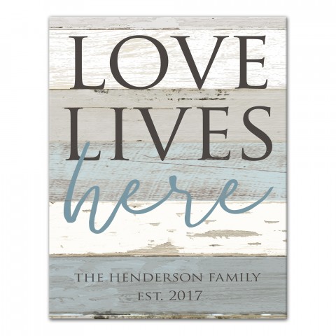 Love Lives Here Faux Pallet Wood Family Name 11x14 Personalized Canvas Wall Art