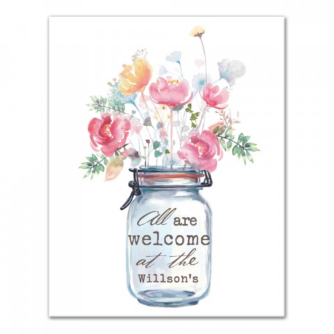 Flowers in a Mason Jar Family Name 11x14 Personalized Canvas Wall Art