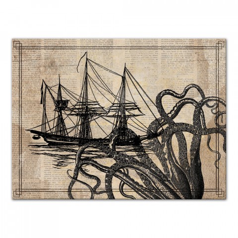 Vintage Boat Octopus Fight 18x24 Canvas Wall Art