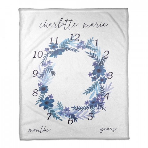 Blue Watercolor Wreath 50x60 Personalized Coral Fleece Blanket