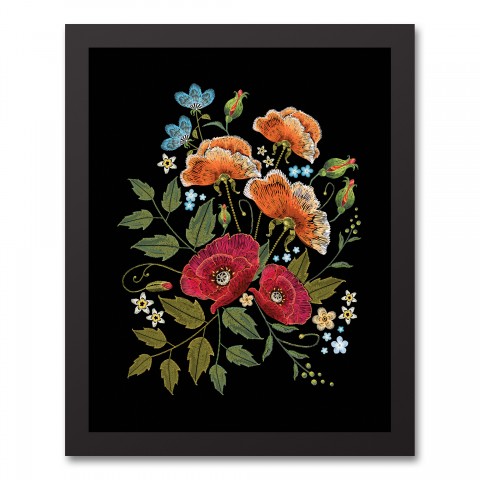 Embroidered Flowers 11x14 Black Framed Canvas