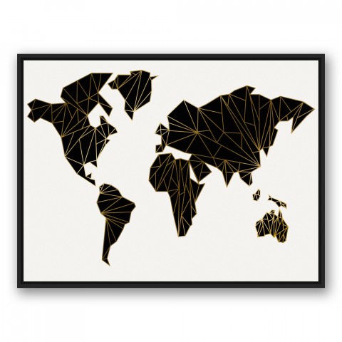 Geometric World Map 30x40 Black Floating Framed Canvas
