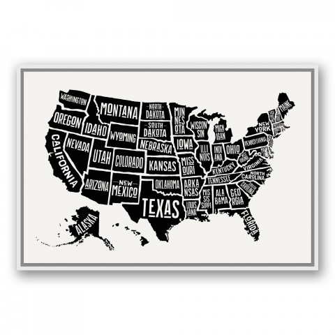 Simple United States Map 24x36 White Floating Framed Canvas