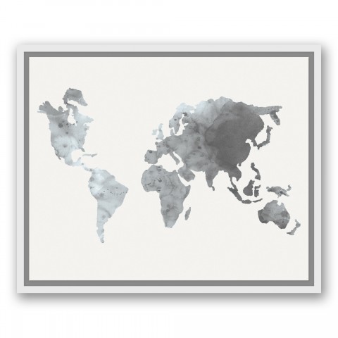 Gray Watercolor World Map 16x20 White Floating Framed Canvas