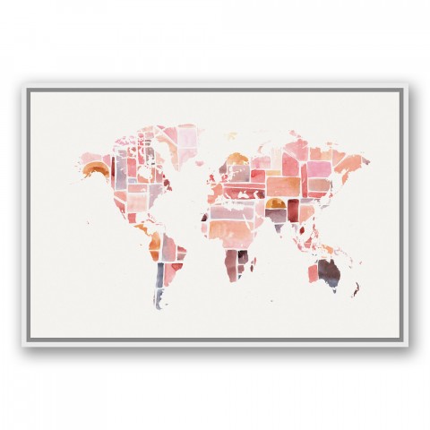Pink World Map 24x36 White Floating Framed Canvas