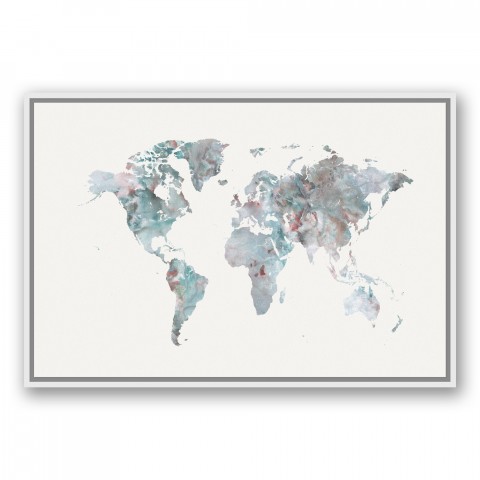 Greige World Map 24x36 White Floating Framed Canvas