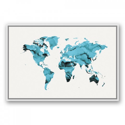 Blue World Map 24x36 White Floating Framed Canvas