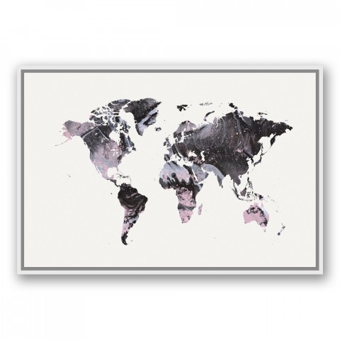 Black and White World Map 24x36 White Floating Framed Canvas