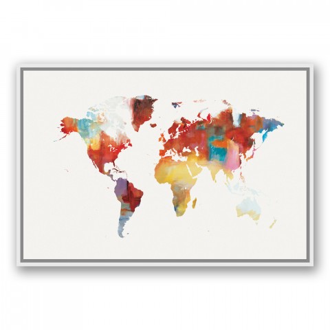 Colorful World Map 24x36 White Floating Framed Canvas