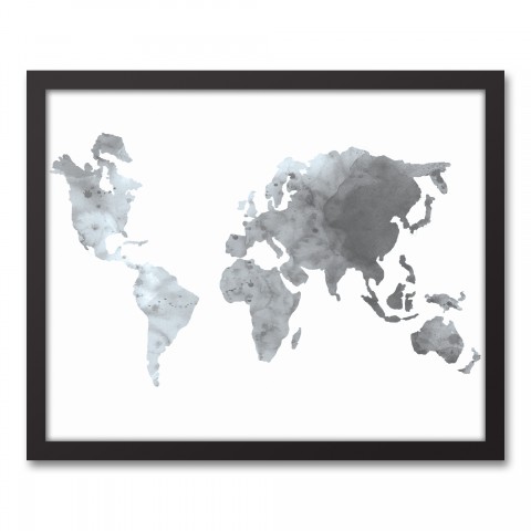 Gray World Map 16x20 Black Framed Canvas