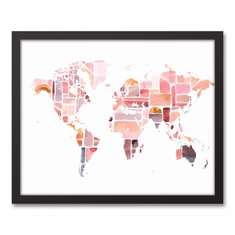 Pink World Map 16x20 Black Framed Canvas