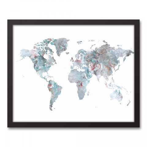 Greige World Map 16x20 Black Framed Canvas