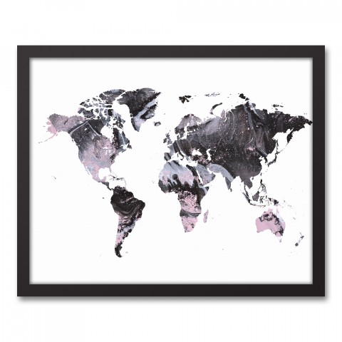 Gray World Map 16x20 Black Framed Canvas