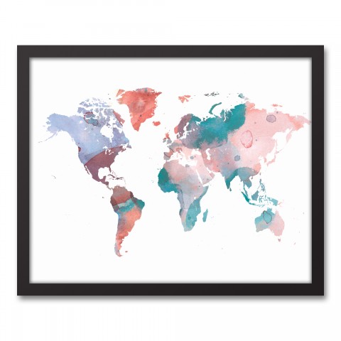 Jewel Tones World Map 16x20 Black Framed Canvas