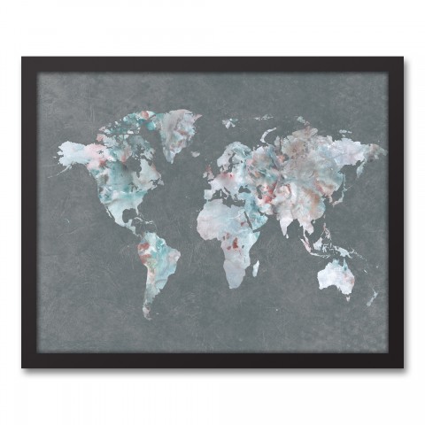 Greige on Gray World Map 16x20 Black Framed Canvas