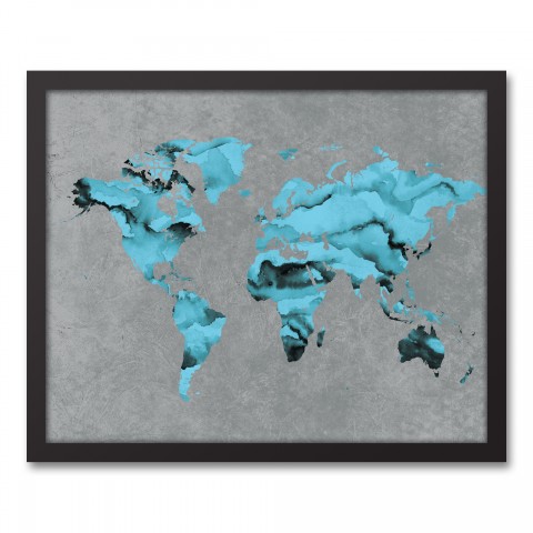 Blue on Gray World Map 16x20 Black Framed Canvas