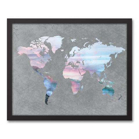 Pastel on Gray World Map 16x20 Black Framed Canvas