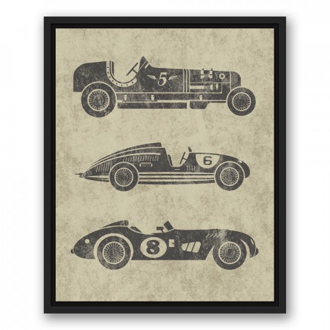 Vintage Race Cars 16x20 Black Floating Framed Canvas