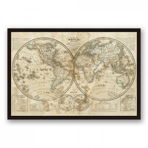 Distressed Vintage Hemispheres 20x30 Black Floating Framed Canvas