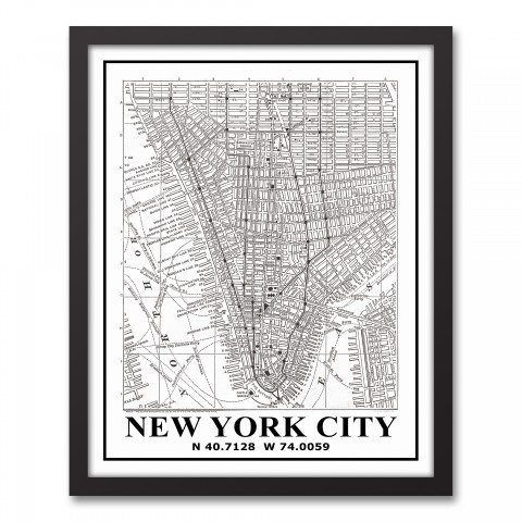 New York City Map 16x20 Black Framed Canvas