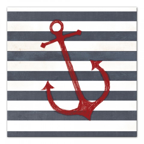 Red Anchor Blue Stripes 16x16 Canvas Wall Art