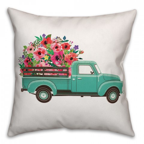 Blue Floral Truck 18x18 Spun Poly Pillow