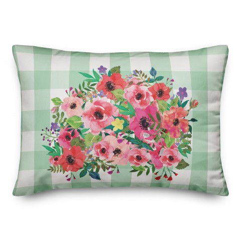 Green Floral Buffalo Check 14x20 Spun Poly Pillow