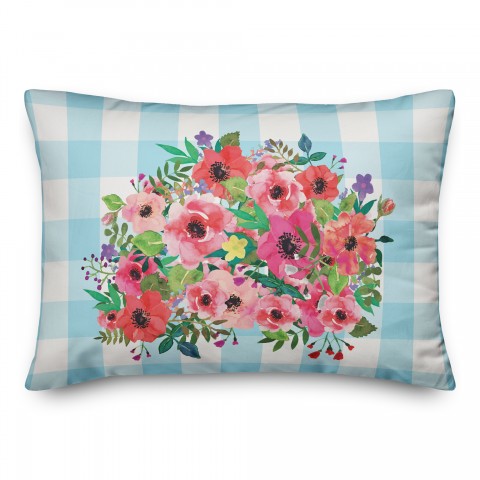 Blue Floral Buffalo Check 14x20 Spun Poly Pillow