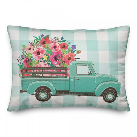 Blue Floral Truck Buffalo Check 14x20 Spun Poly Pillow