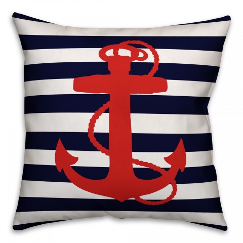 Navy Stripes Red Anchor 18x18 Spun Poly Pillow