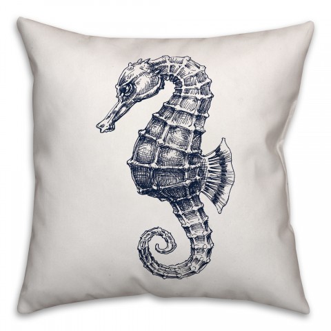 Navy Sketched Seahorse 18x18 Spun Poly Pillow