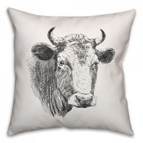 Farmhouse Cow Sketch 18x18 Spun Poly Pillow