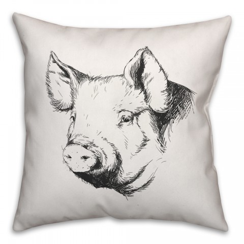 Farmhouse Pig Sketch 18x18 Spun Poly Pillow