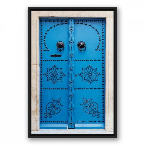 Blue Tunisian Door 16x20 Black Floating Framed Canvas