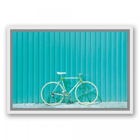 Bike on Teal Metal Siding 12x18 White Floating Framed Canvas