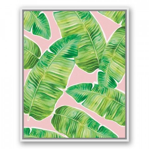Green Palm Leaves on Pink Background 24x30 White Floating Framed Canvas