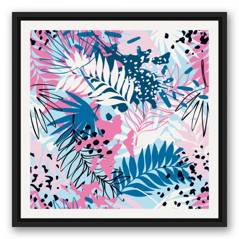 Blue and Pink Palm Leaves 20x20 Black Floating Framed Canvas