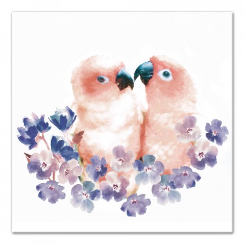 Pink Budgie Birds with Purple Flowers 16x16 Canvas Wall Art