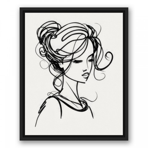 Girl Line Drawing Portrait 16x20 Black Floating Framed Canvas