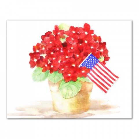 Red Flowers with American Flag 11x14 Canvas Wall Art