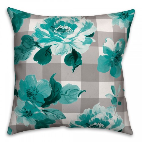 Teal Floral Buffalo Check 18x18 Indoor / Outdoor Pillow