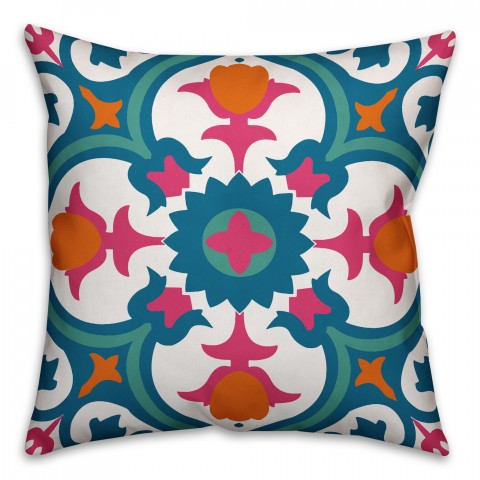 Blue and Pink Floral Tile 18x18 Indoor / Outdoor Pillow