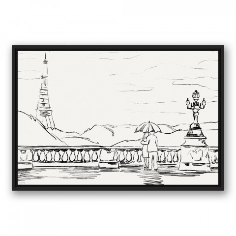 Paris Bridge Sketch 20x30 Black Floating Framed Canvas