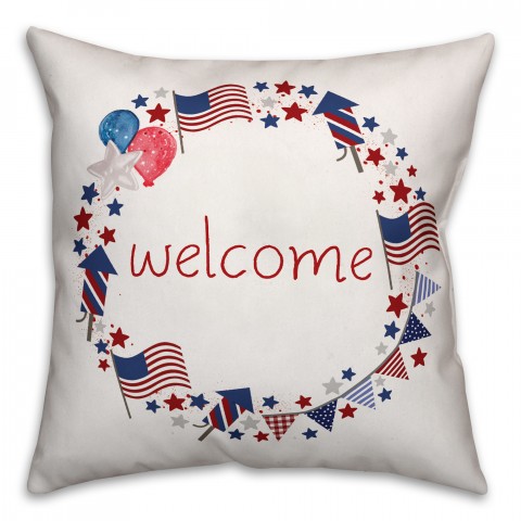 Patriotic Welcome Wreath 18x18 Indoor / Outdoor Pillow