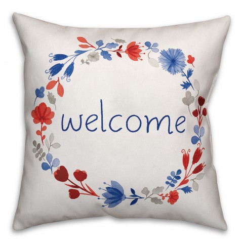Patriotic Floral Welcome Wreath 18x18 Indoor / Outdoor Pillow