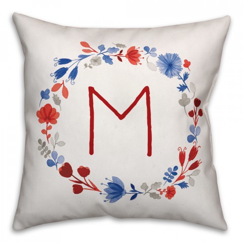 Patriotic Floral Monogram Wreath 18x18 Personalized Spun Poly Pillow